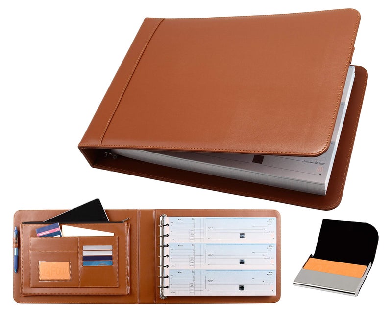 2Fold Business Check Binder 7 Ring for 3-Up Business Size Checks with Extra Business Card Case - PU Leather Deluxe 7 Ring Checkbook Binder Portfolio with 600 Check Capacity and Storage - Image 1